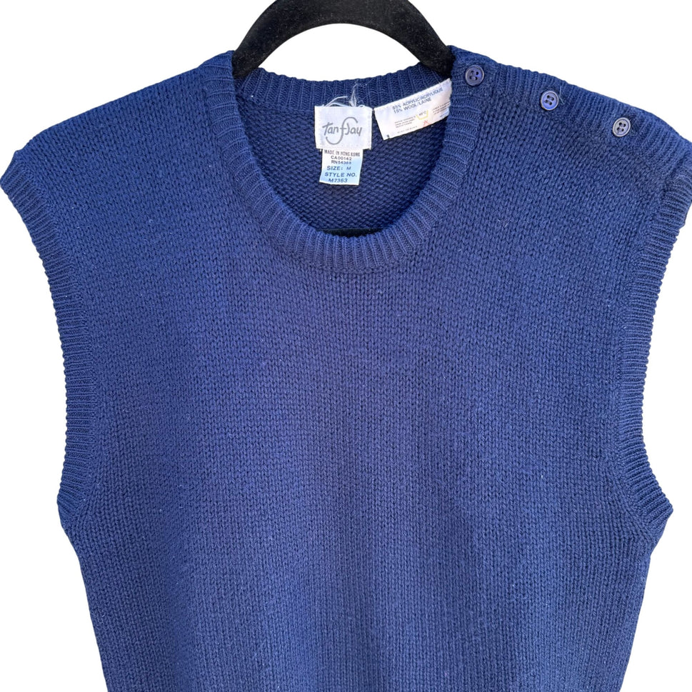Tan F Jay Navy Blue Knit Sleeveless Button Shoulder Wool Blend Knit Sweater M