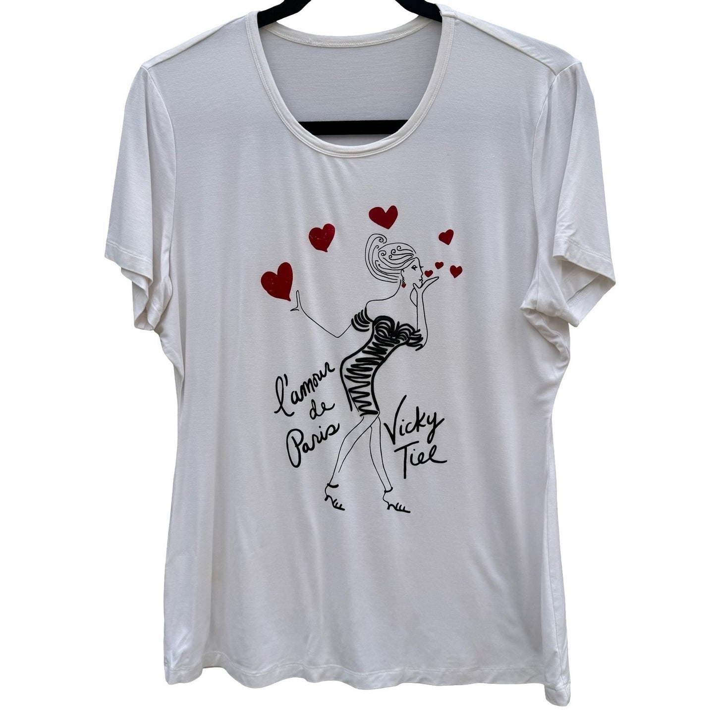 Vicky Tiel L'amour de Paris Graphic Tee Chic White Scoop Neck Short Sleeve Large