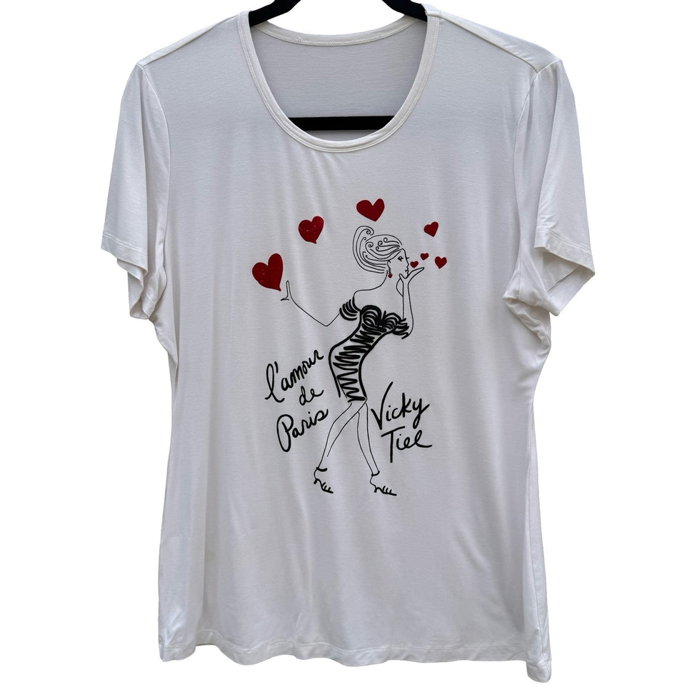 Vicky Tiel L'amour de Paris Graphic Tee Chic White Scoop Neck Short Sleeve Large