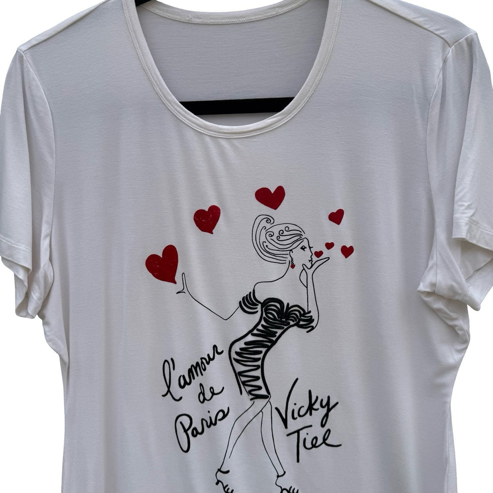 Vicky Tiel L'amour de Paris Graphic Tee Chic White Scoop Neck Short Sleeve Large