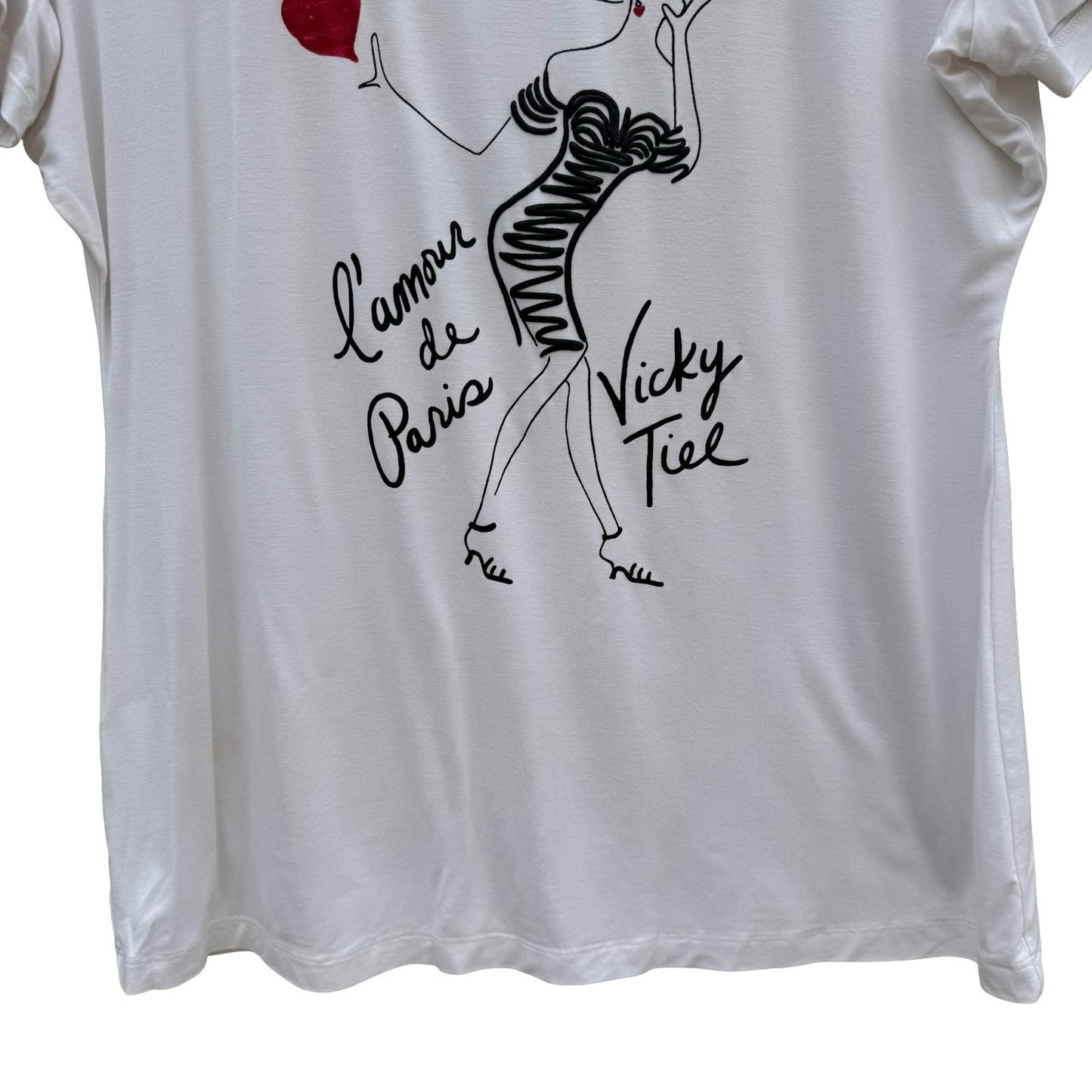 Vicky Tiel L'amour de Paris Graphic Tee Chic White Scoop Neck Short Sleeve Large