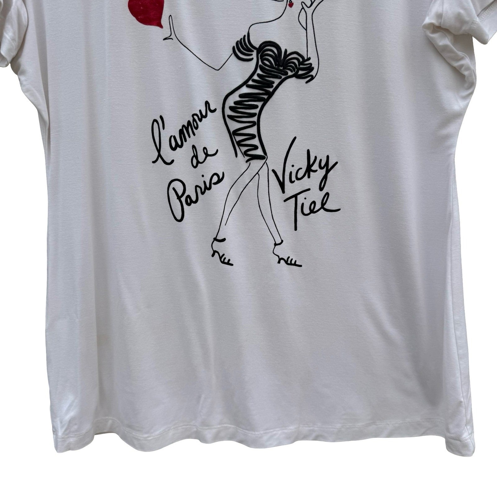 Vicky Tiel L'amour de Paris Graphic Tee Chic White Scoop Neck Short Sleeve Large