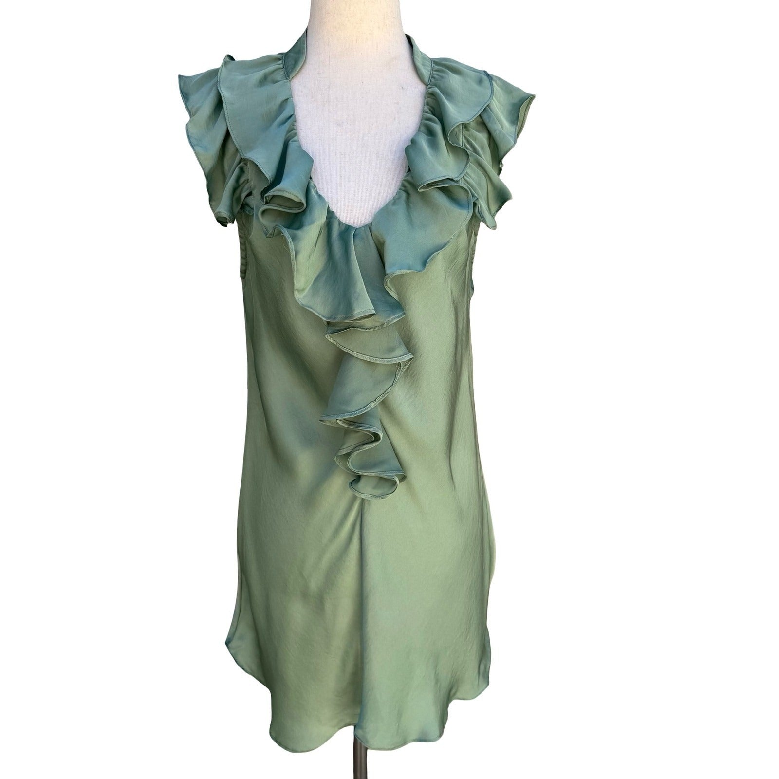 Canyon River Blues Y2K Green Ruffle Satin Blouse L Flutter Sleeve Romantic Fairy
