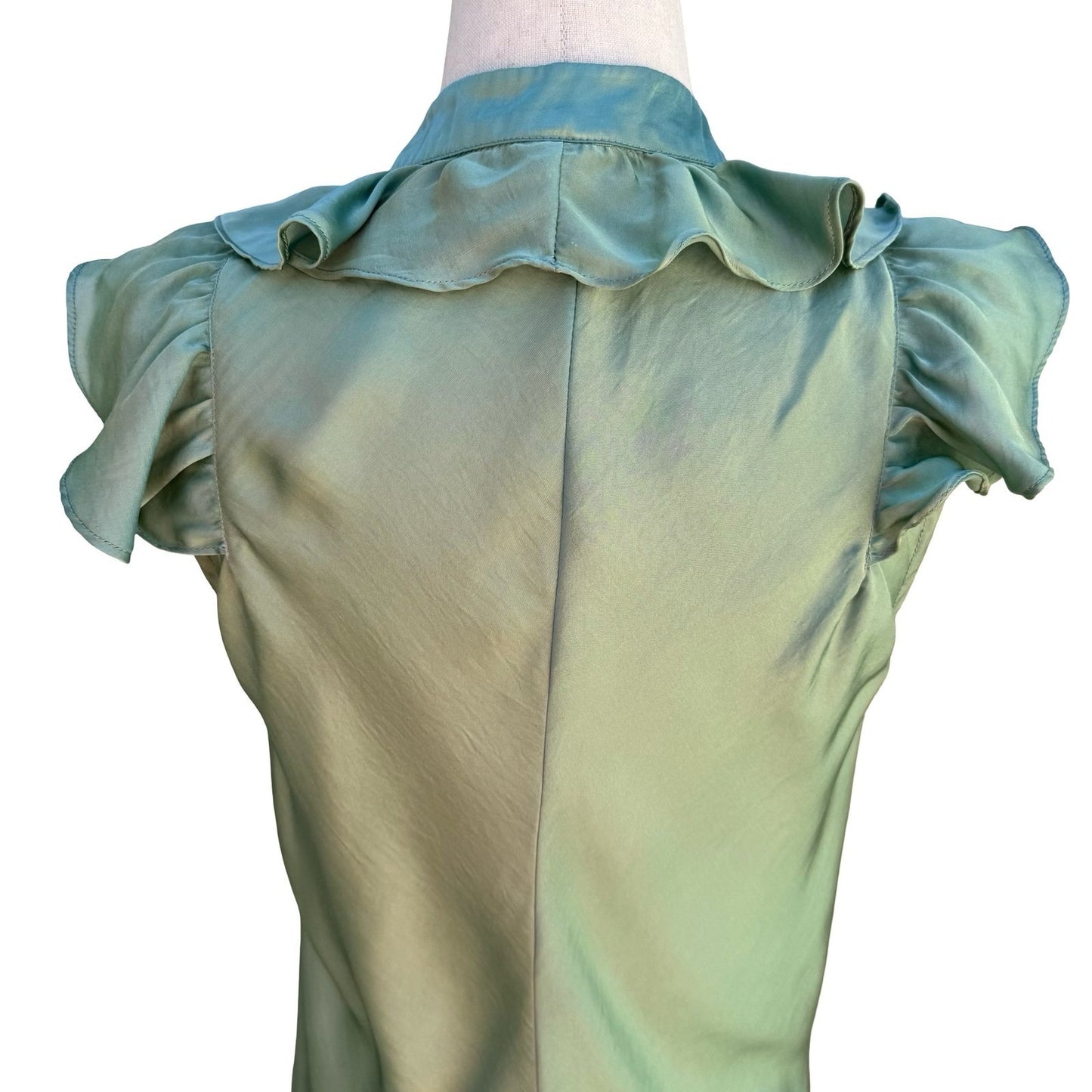 Canyon River Blues Y2K Green Ruffle Satin Blouse L Flutter Sleeve Romantic Fairy