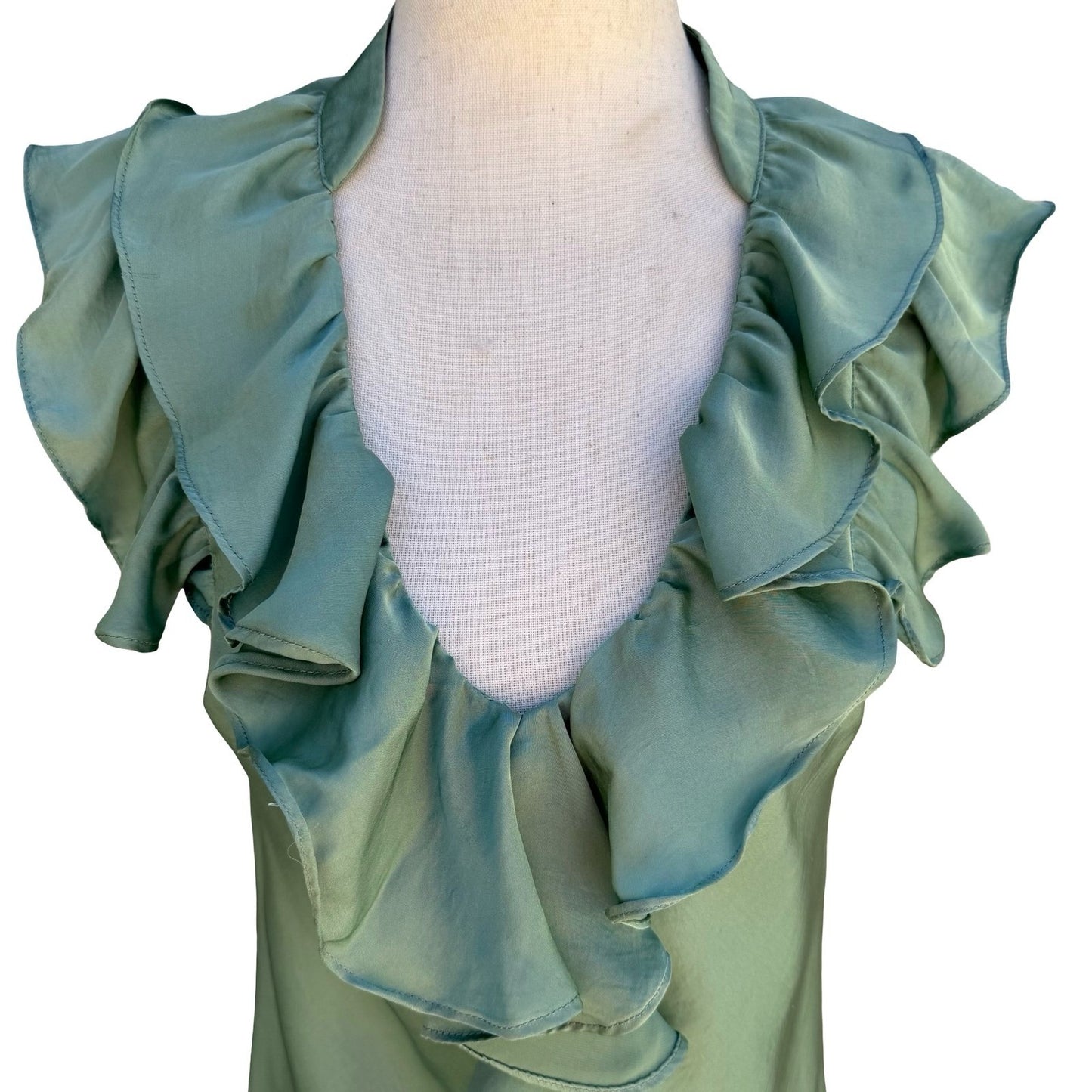 Canyon River Blues Y2K Green Ruffle Satin Blouse L Flutter Sleeve Romantic Fairy