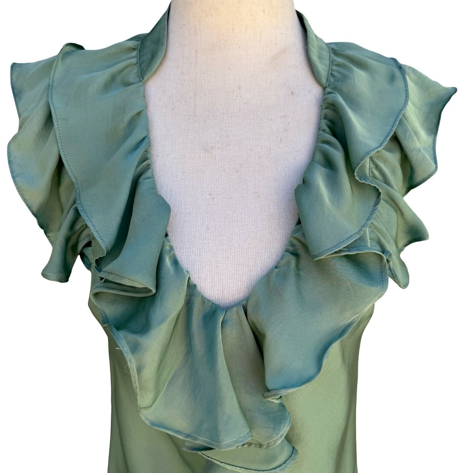 Canyon River Blues Y2K Green Ruffle Satin Blouse L Flutter Sleeve Romantic Fairy