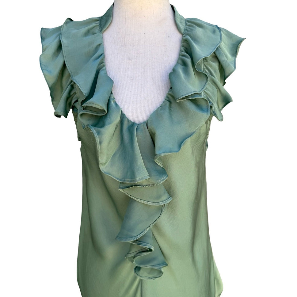 Canyon River Blues Y2K Green Ruffle Satin Blouse L Flutter Sleeve Romantic Fairy