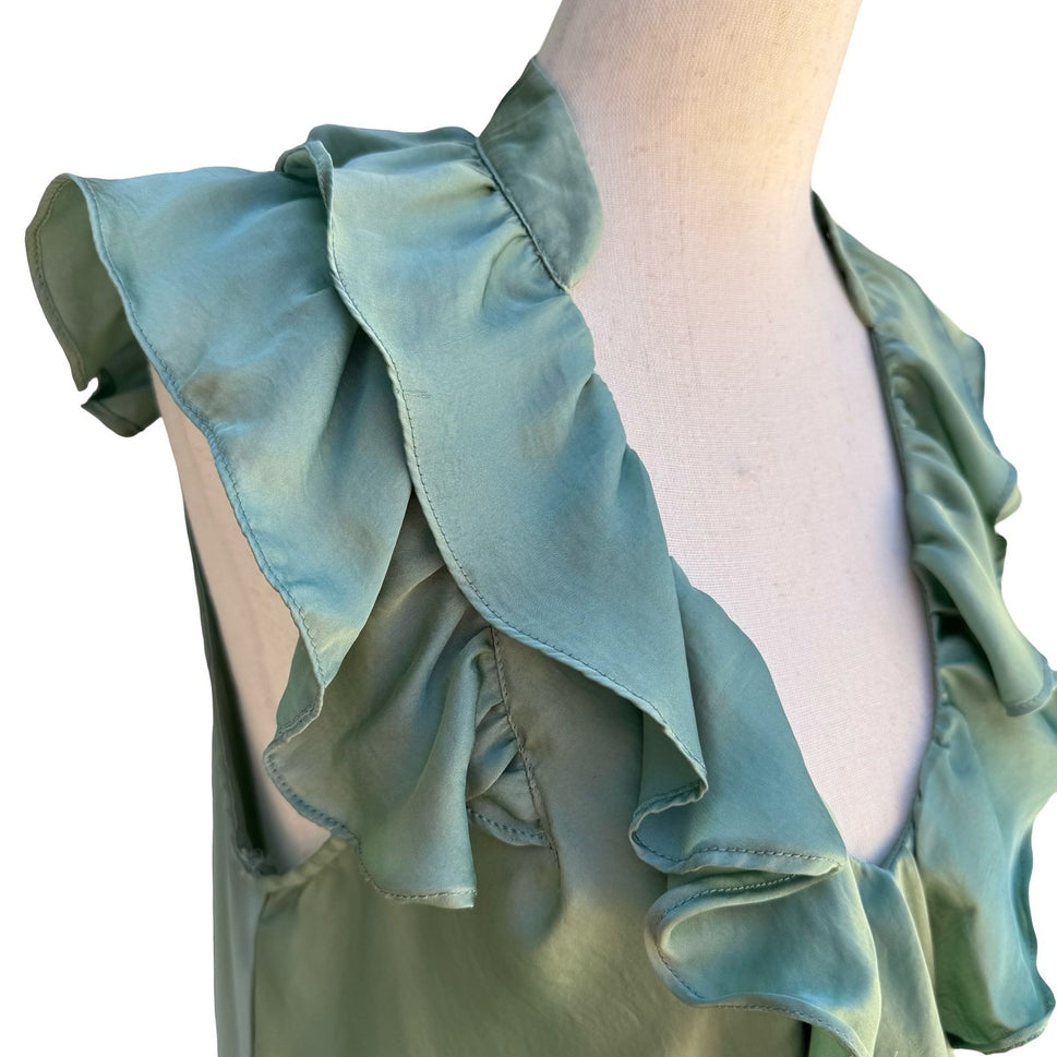 Canyon River Blues Y2K Green Ruffle Satin Blouse L Flutter Sleeve Romantic Fairy