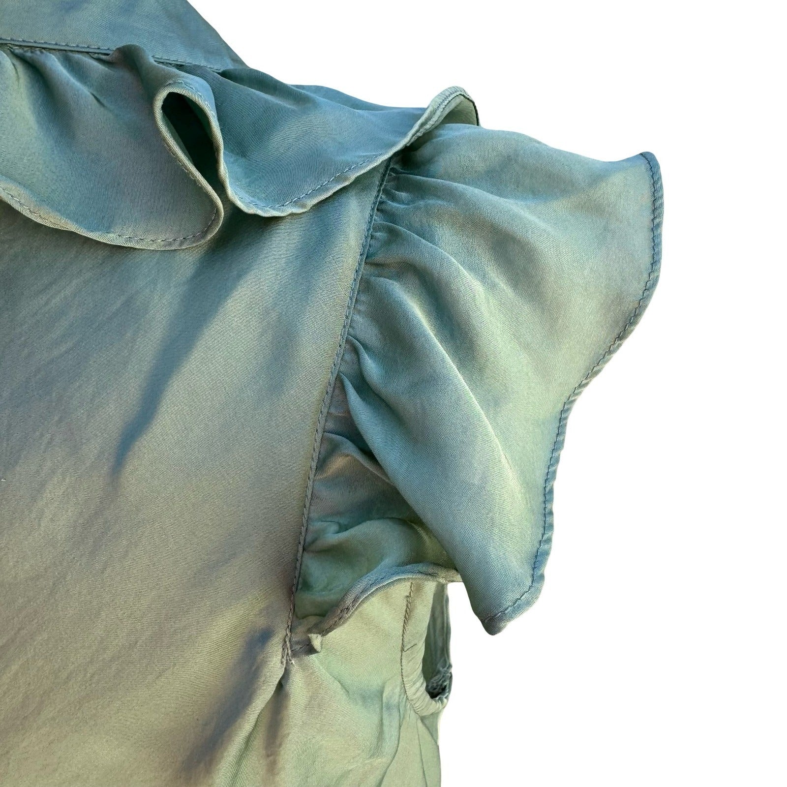 Canyon River Blues Y2K Green Ruffle Satin Blouse L Flutter Sleeve Romantic Fairy