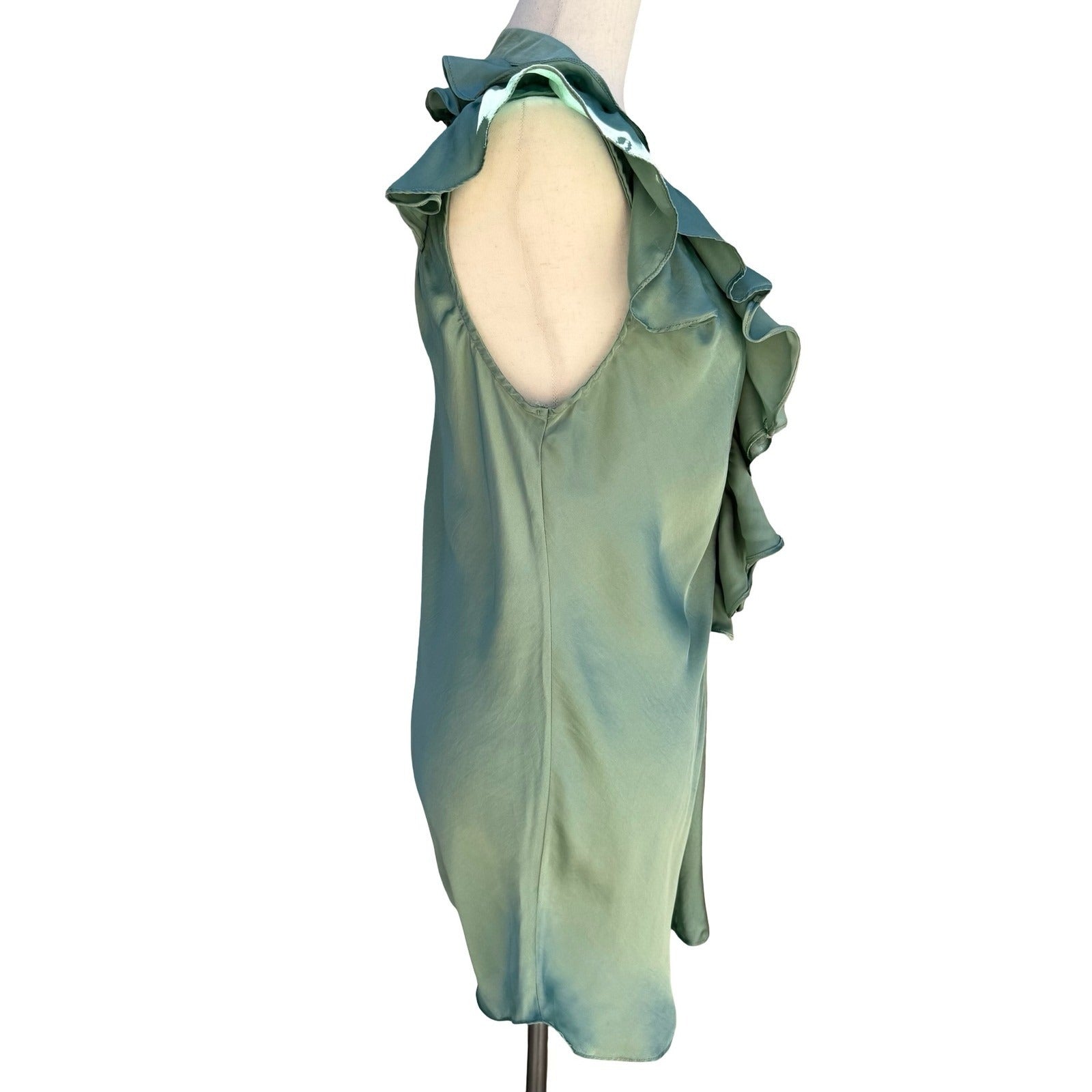 Canyon River Blues Y2K Green Ruffle Satin Blouse L Flutter Sleeve Romantic Fairy
