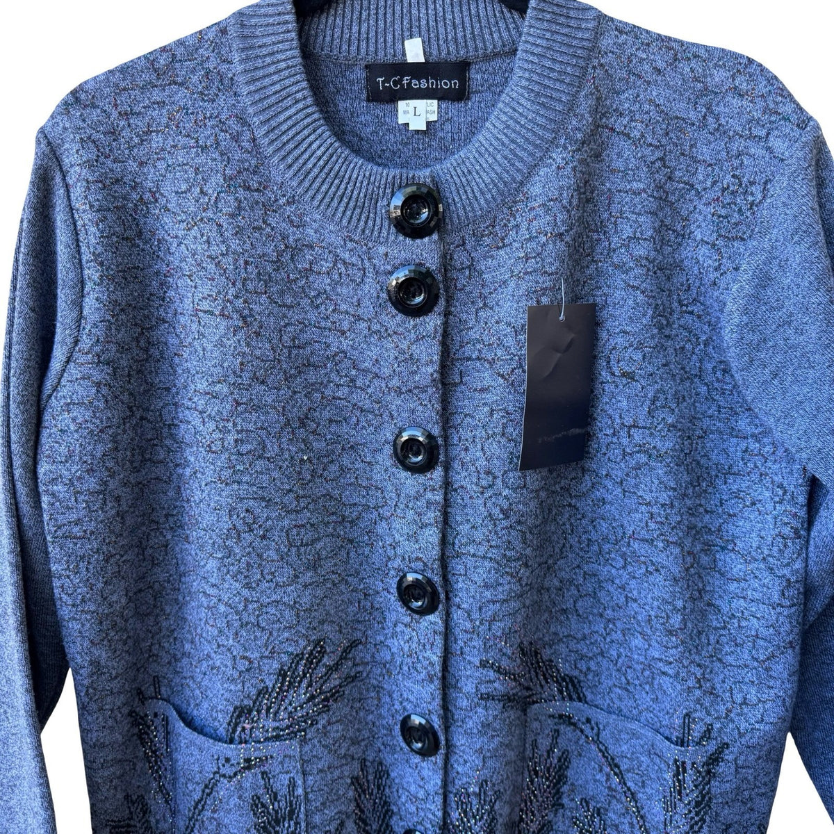 T-C Fashion Cottagecore Whimsigoth Sequin Floral Knit Cardigan Dark Mori L NEW
