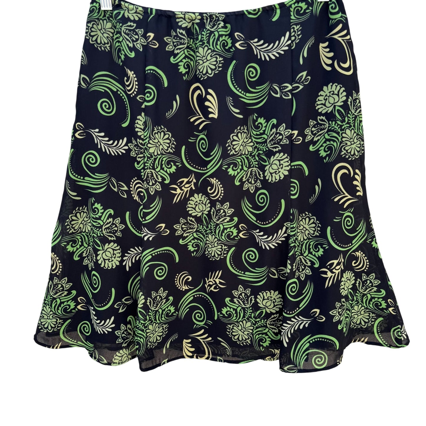 Black Green Vintage Y2K Floral Swirl Print Womens Back Zip Flare Hem Lined Skirt
