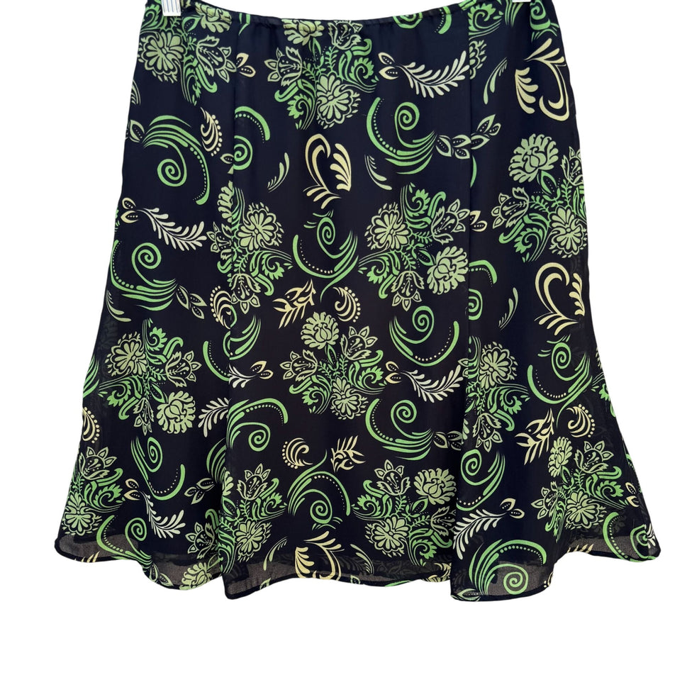 Black Green Vintage Y2K Floral Swirl Print Womens Back Zip Flare Hem Lined Skirt