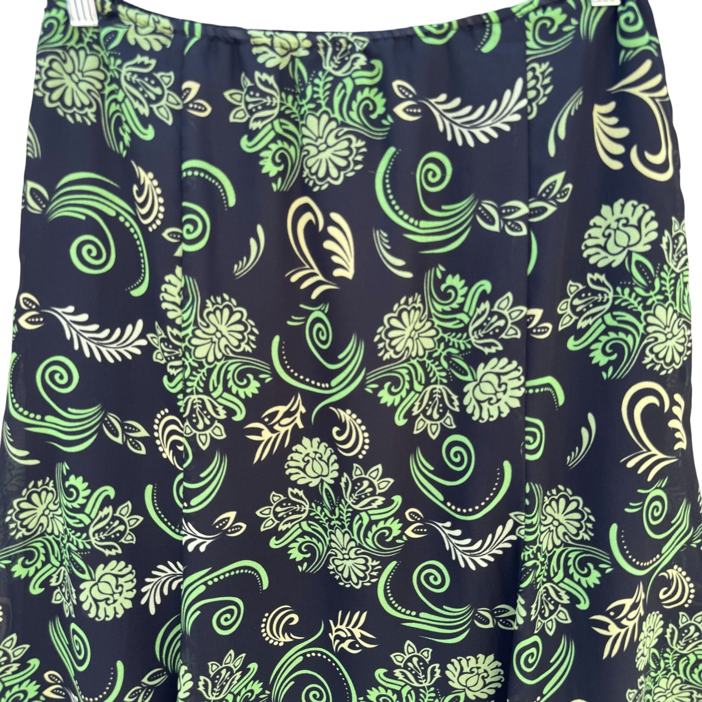 Black Green Vintage Y2K Floral Swirl Print Womens Back Zip Flare Hem Lined Skirt