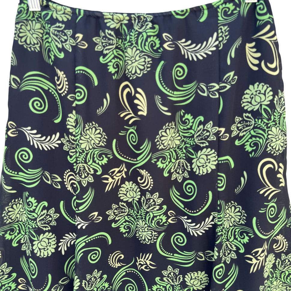 Black Green Vintage Y2K Floral Swirl Print Womens Back Zip Flare Hem Lined Skirt