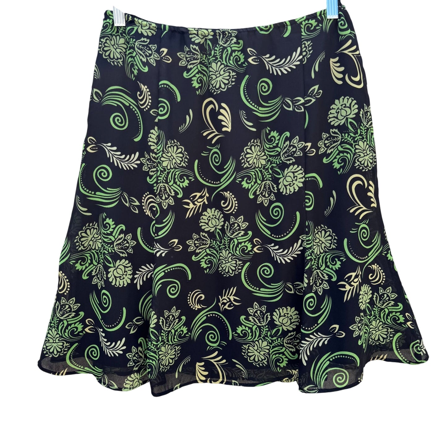 Black Green Vintage Y2K Floral Swirl Print Womens Back Zip Flare Hem Lined Skirt