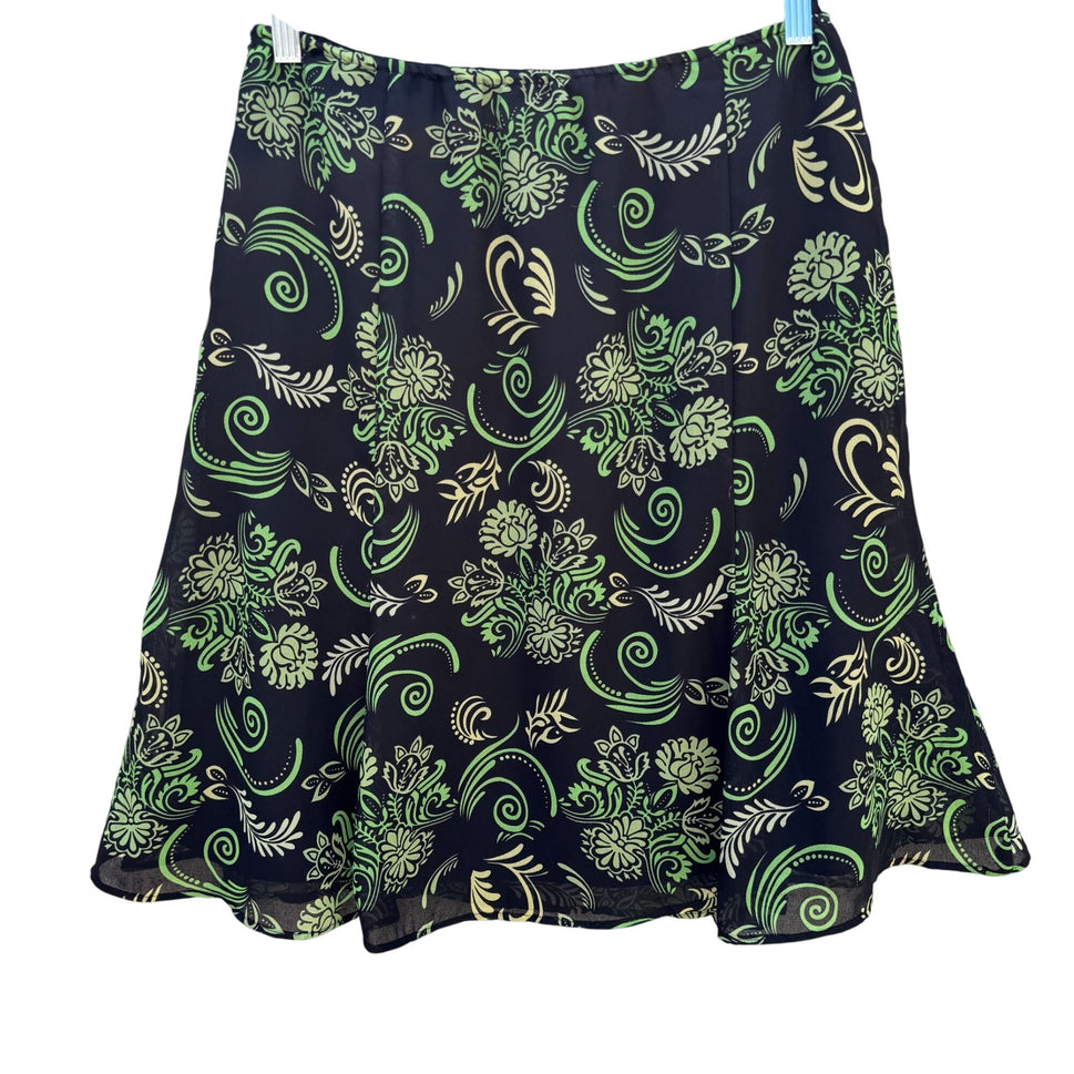 Black Green Vintage Y2K Floral Swirl Print Womens Back Zip Flare Hem Lined Skirt