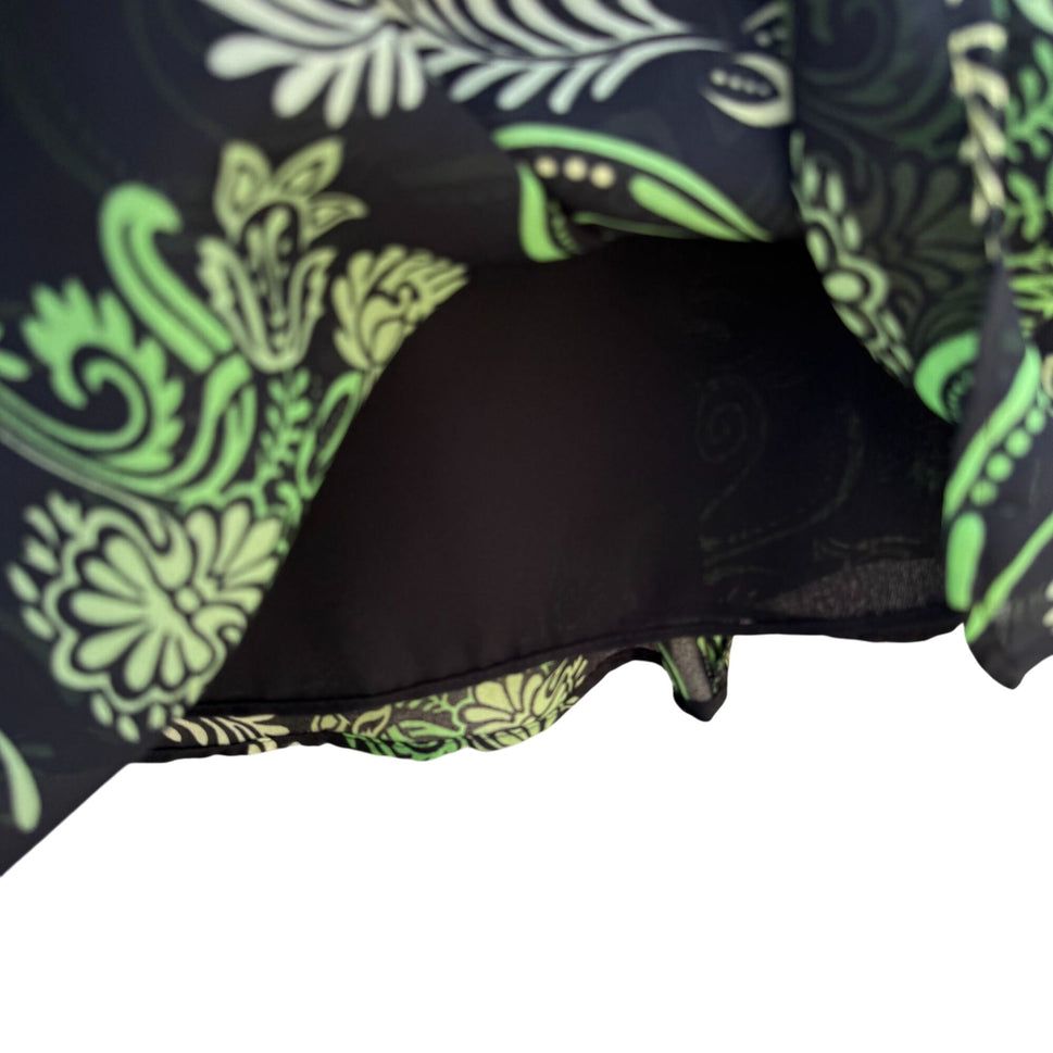 Black Green Vintage Y2K Floral Swirl Print Womens Back Zip Flare Hem Lined Skirt