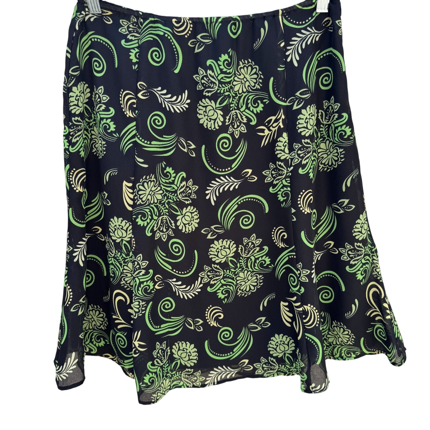 Black Green Vintage Y2K Floral Swirl Print Womens Back Zip Flare Hem Lined Skirt