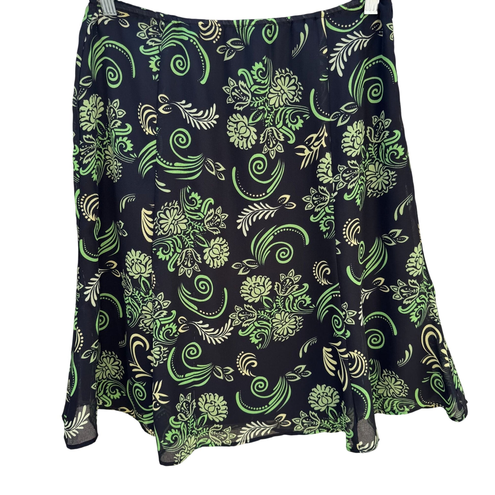Black Green Vintage Y2K Floral Swirl Print Womens Back Zip Flare Hem Lined Skirt