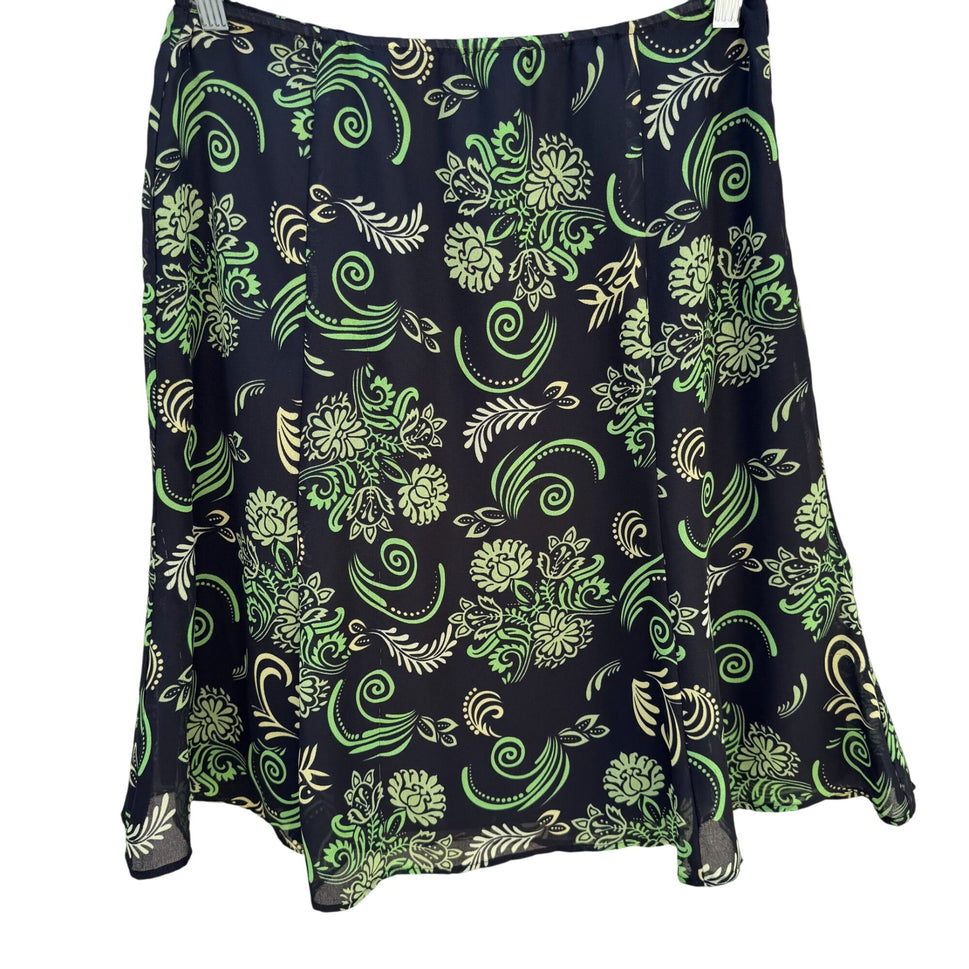 Black Green Vintage Y2K Floral Swirl Print Womens Back Zip Flare Hem Lined Skirt