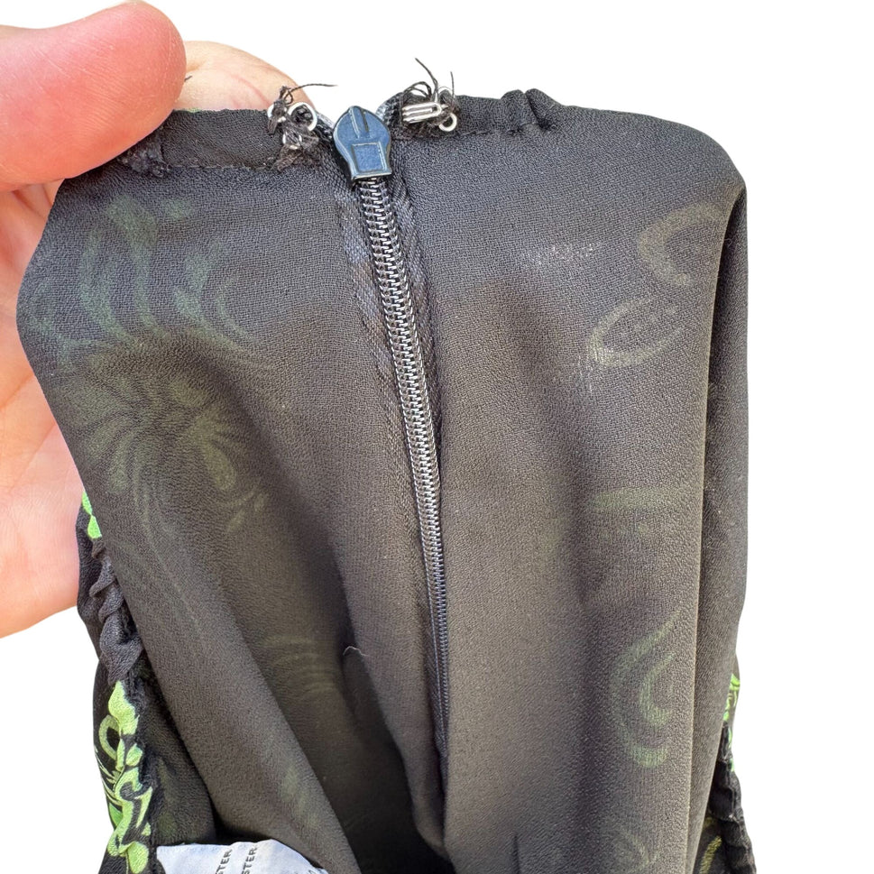 Black Green Vintage Y2K Floral Swirl Print Womens Back Zip Flare Hem Lined Skirt