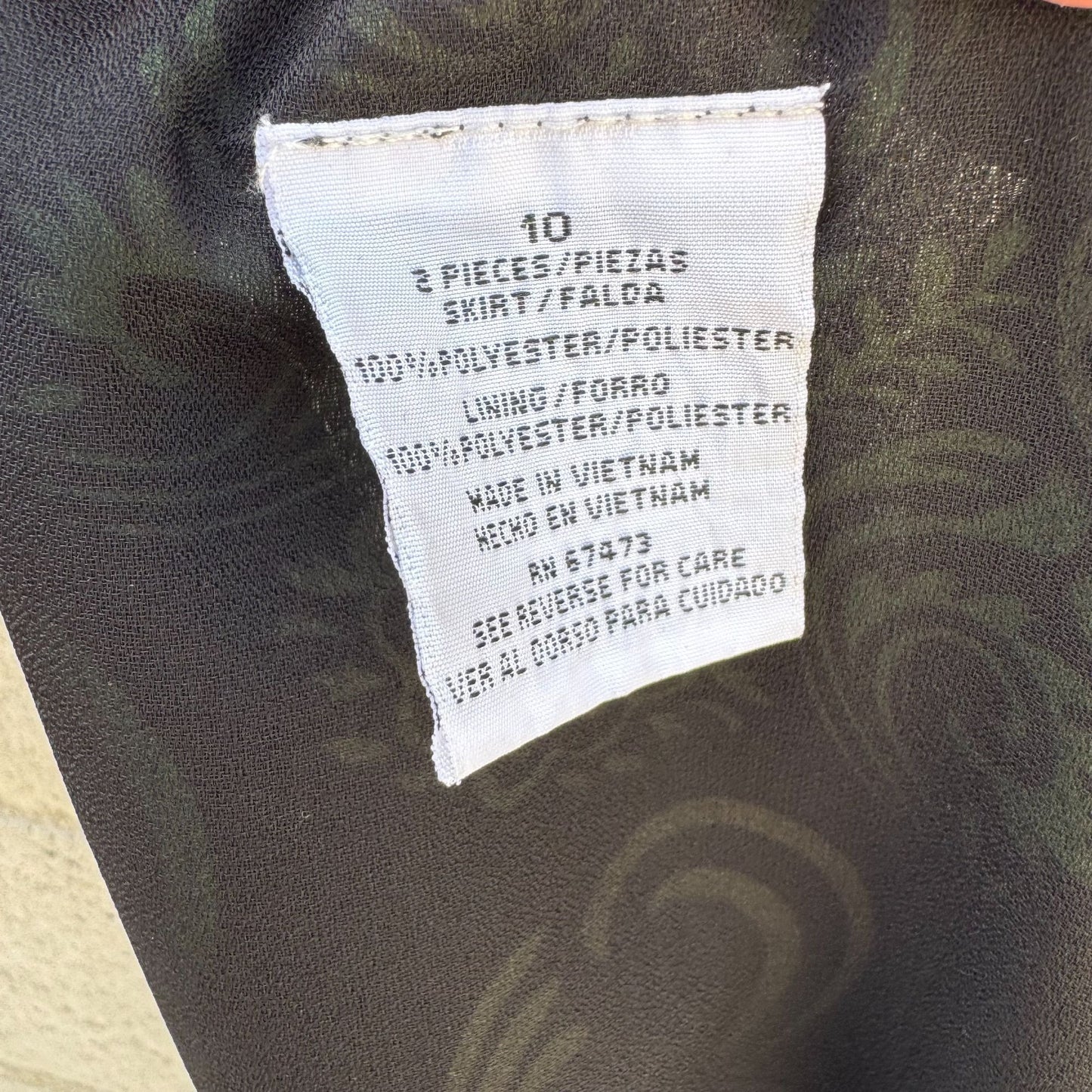 Black Green Vintage Y2K Floral Swirl Print Womens Back Zip Flare Hem Lined Skirt