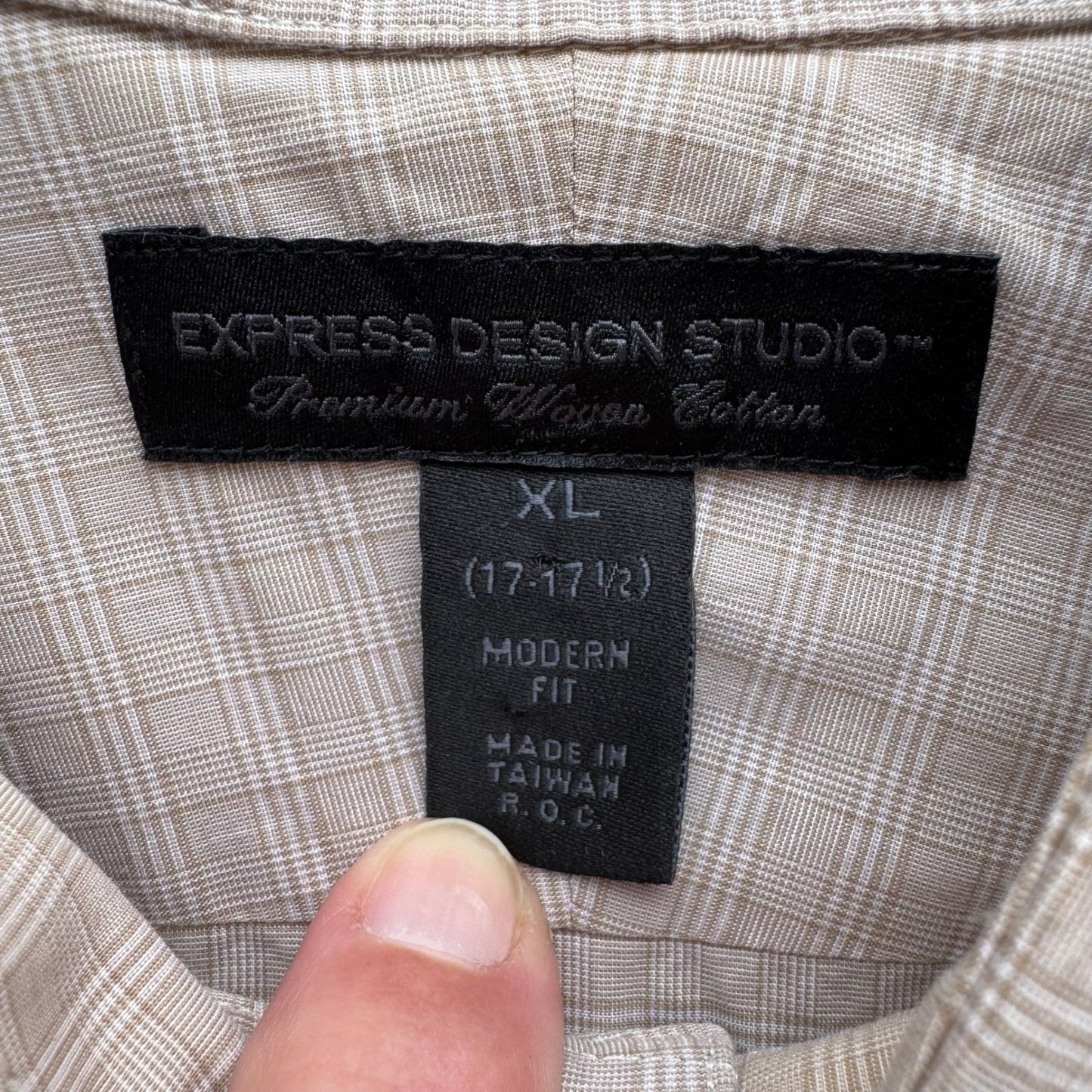 Express Design Studio Mens XL Tan Micro Grid Premium Woven Cotton Shirt Modern