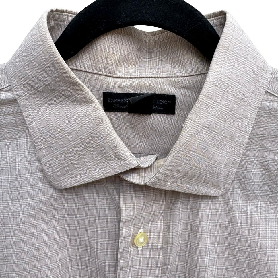 Express Design Studio Mens XL Tan Micro Grid Premium Woven Cotton Shirt Modern