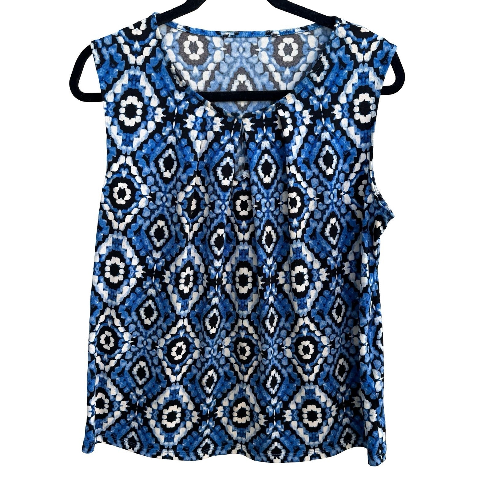 Kasper Careerwear Geometric Ikat Mod Sleeveless Pleated Keyhole Blouse Shell L