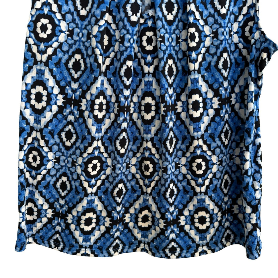 Kasper Careerwear Geometric Ikat Mod Sleeveless Pleated Keyhole Blouse Shell L