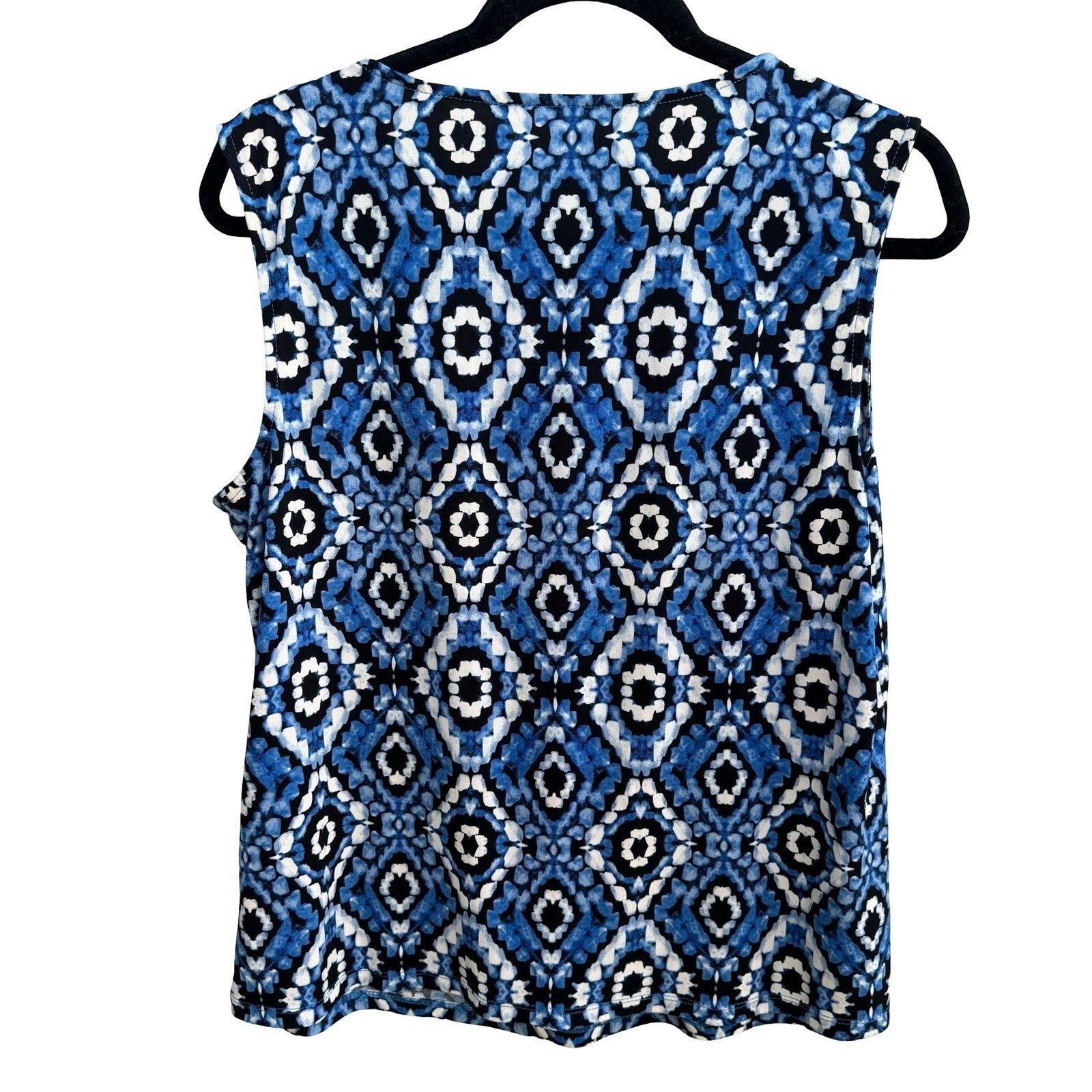Kasper Careerwear Geometric Ikat Mod Sleeveless Pleated Keyhole Blouse Shell L