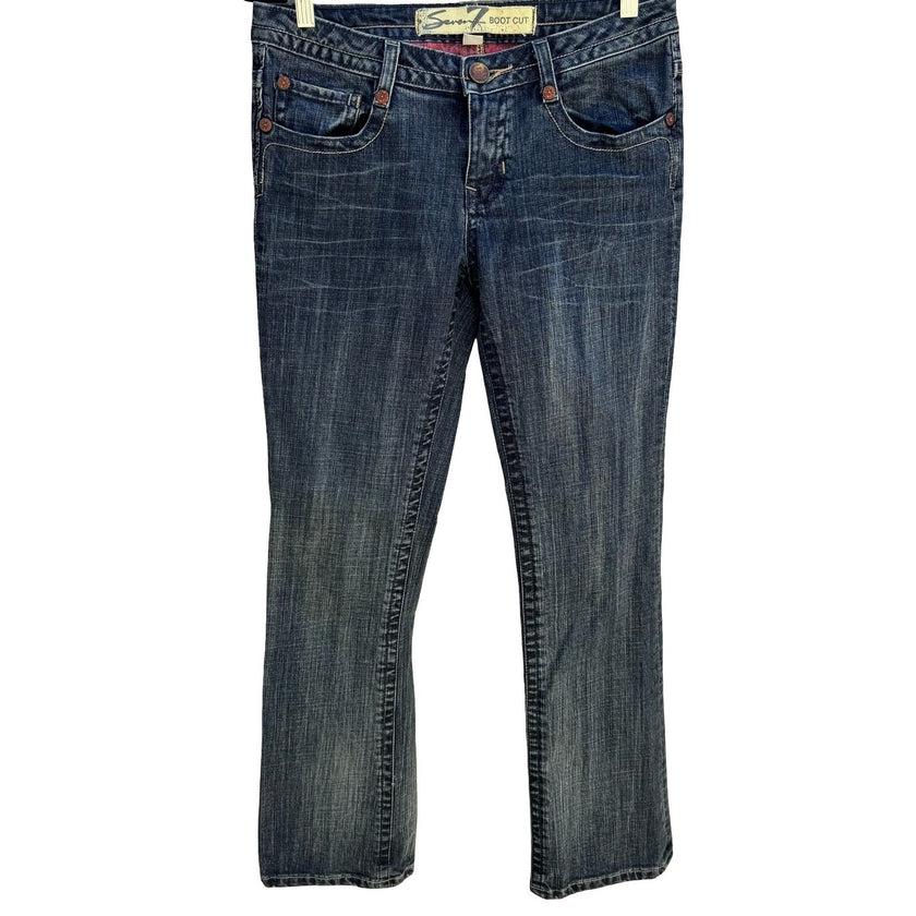 Seven7 Y2K Bootcut Jeans Dark Wash Studded Back Pocket Low Rise Denim Womens 32