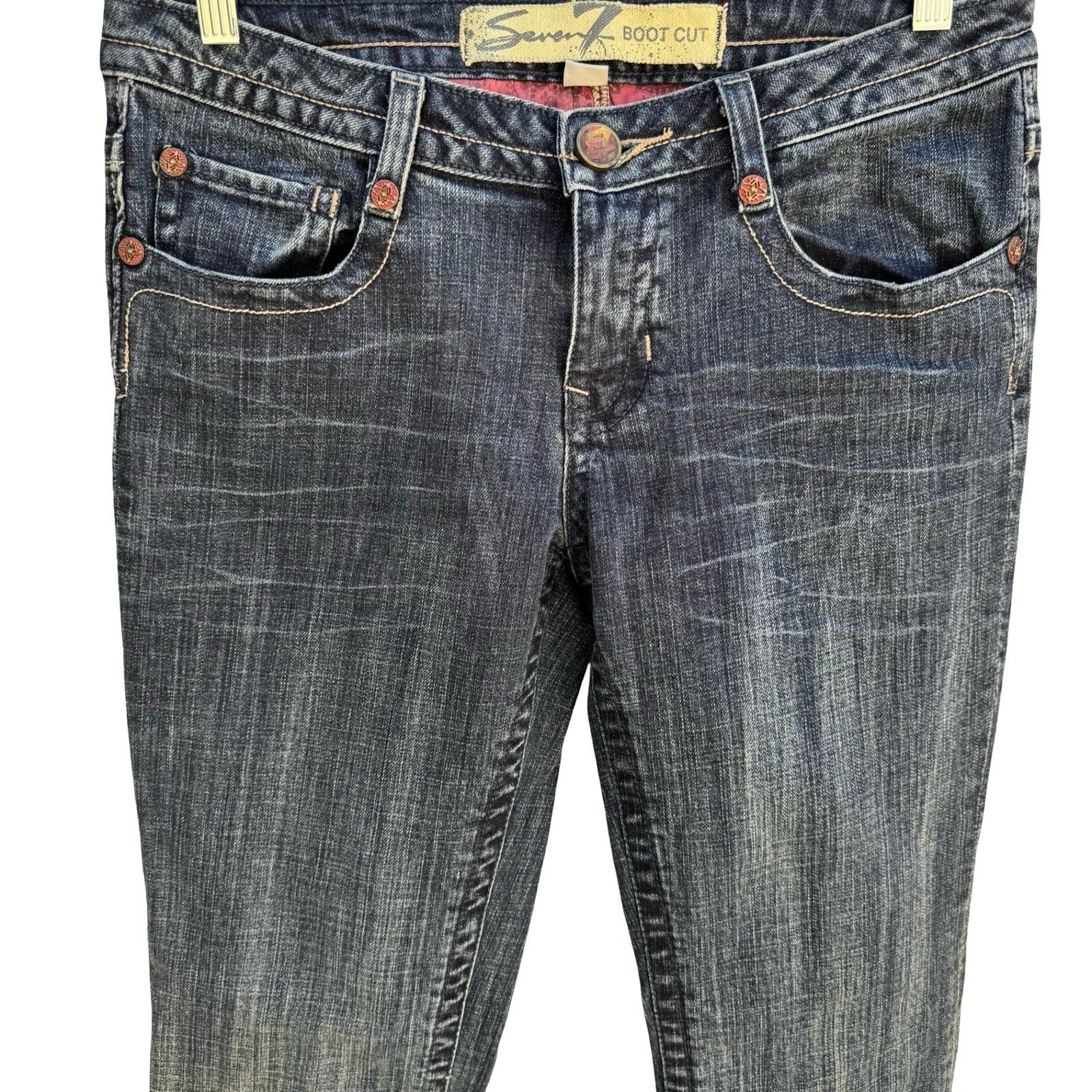 Seven7 Y2K Bootcut Jeans Dark Wash Studded Back Pocket Low Rise Denim Womens 32