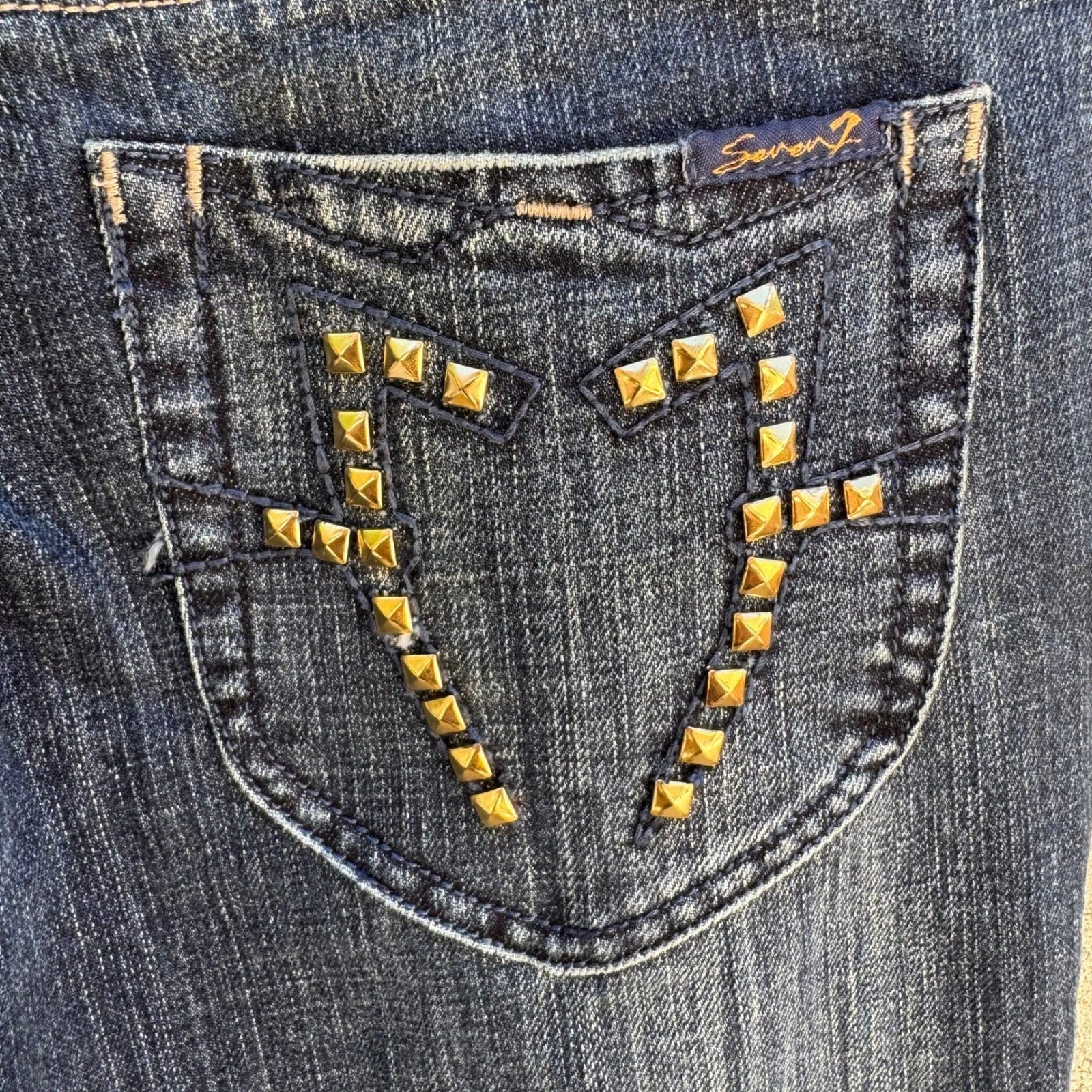 Seven7 Y2K Bootcut Jeans Dark Wash Studded Back Pocket Low Rise Denim Womens 32