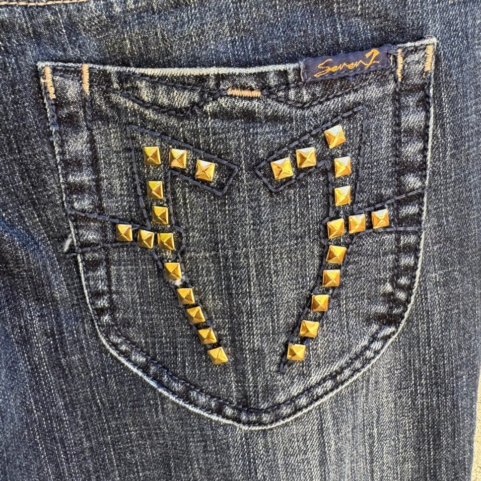 Seven7 Y2K Bootcut Jeans Dark Wash Studded Back Pocket Low Rise Denim Womens 32