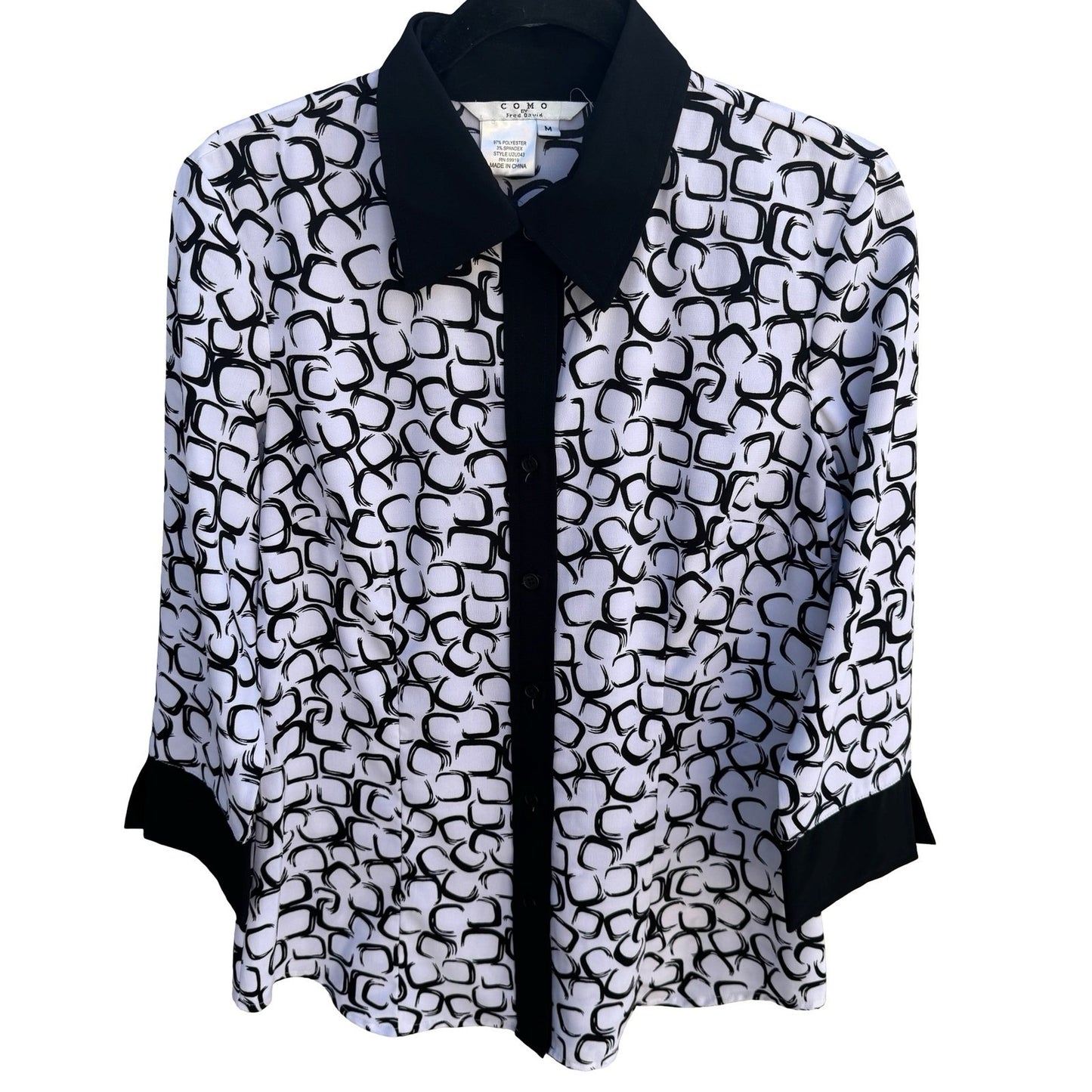 Como by Fred David Black White Geometric Link Print 3/4 Sleeve Blouse Size M