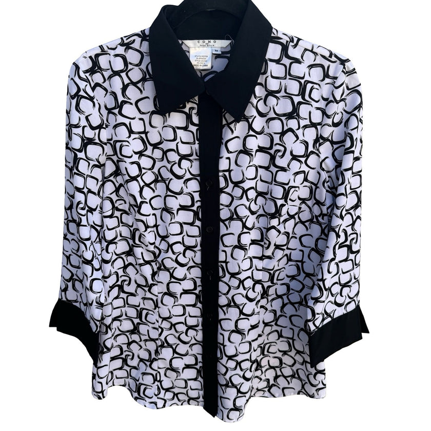 Como by Fred David Black White Geometric Link Print 3/4 Sleeve Blouse Size M