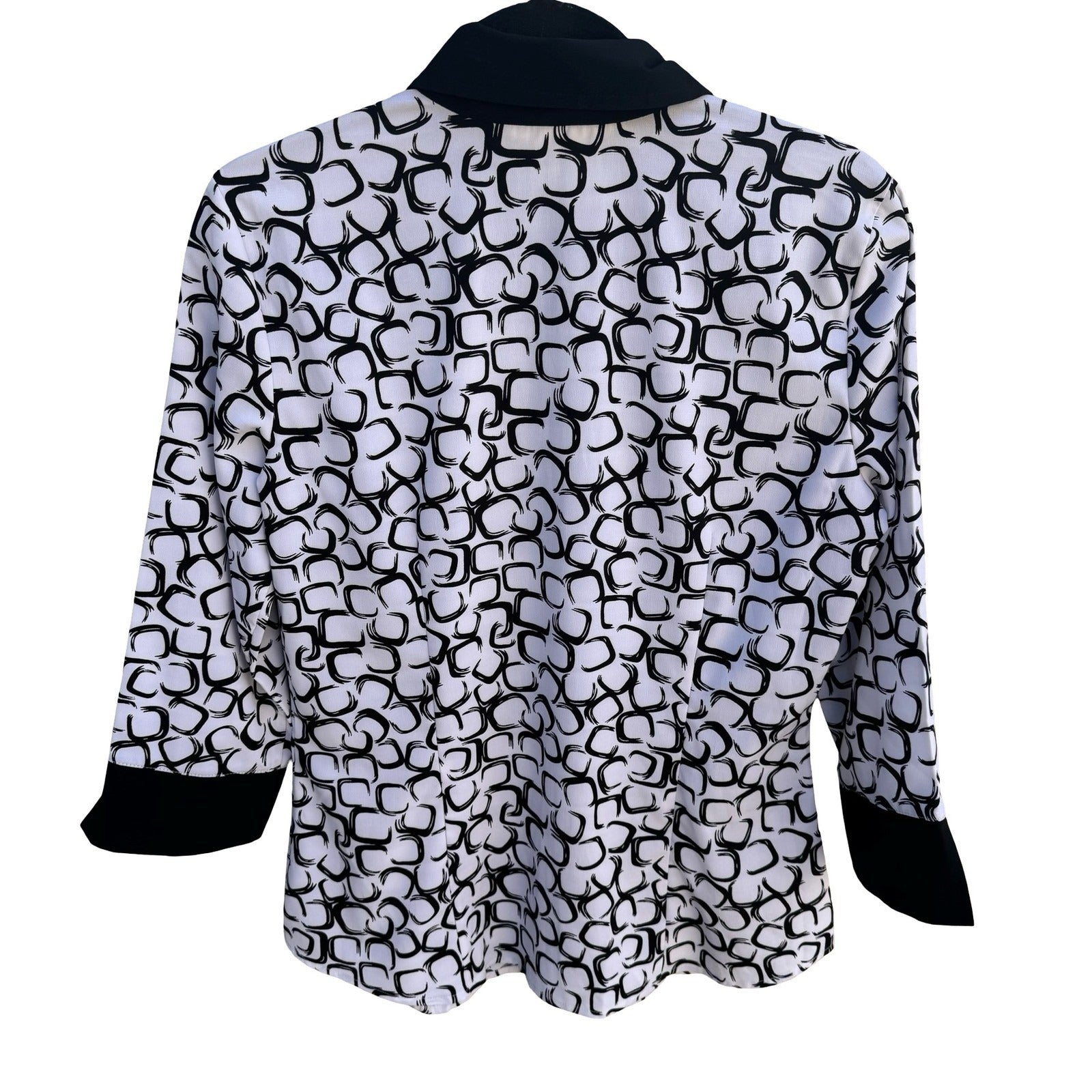 Como by Fred David Black White Geometric Link Print 3/4 Sleeve Blouse Size M