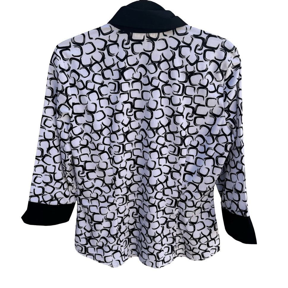 Como by Fred David Black White Geometric Link Print 3/4 Sleeve Blouse Size M