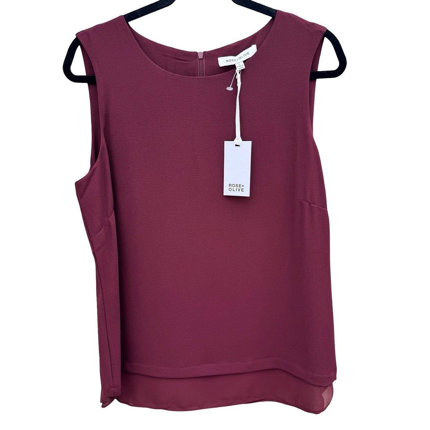 Rose + Olive Burgundy Sleeveless Layered Chiffon Hem Blouse Large NEW Layering