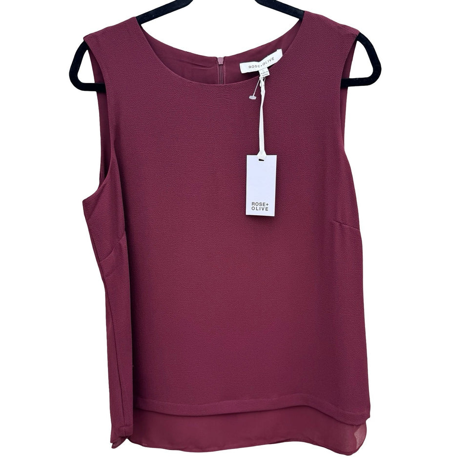 Rose + Olive Burgundy Sleeveless Layered Chiffon Hem Blouse Large NEW Layering