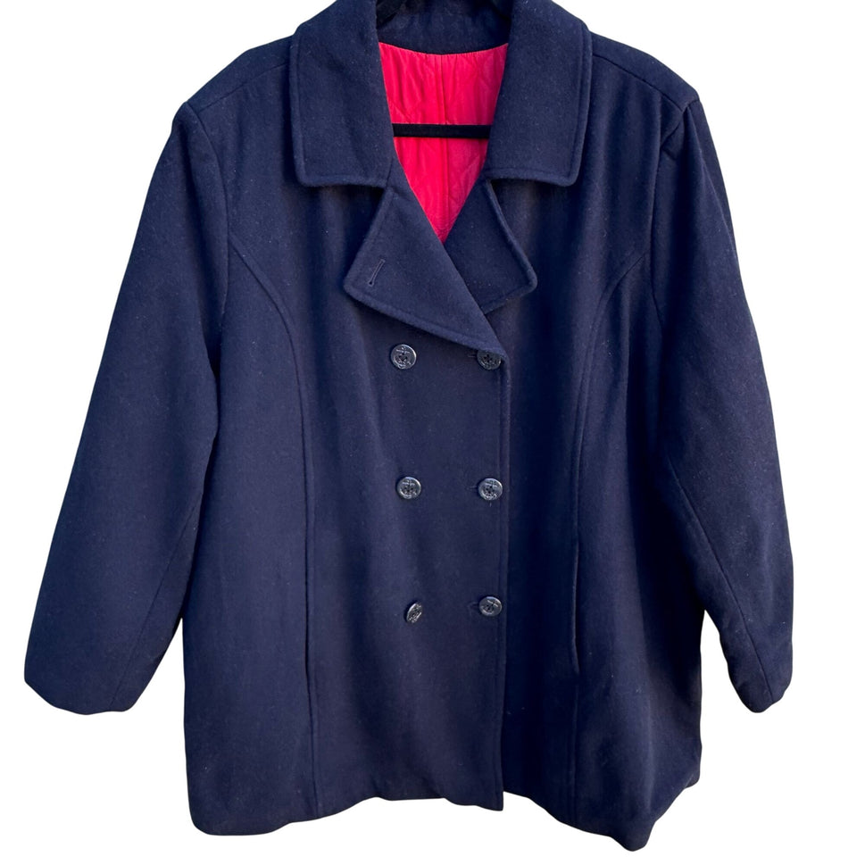 Vintage Navy Blue Nautical Wool Peacoat Red Lining Anchor Buttons Maritime 3XL