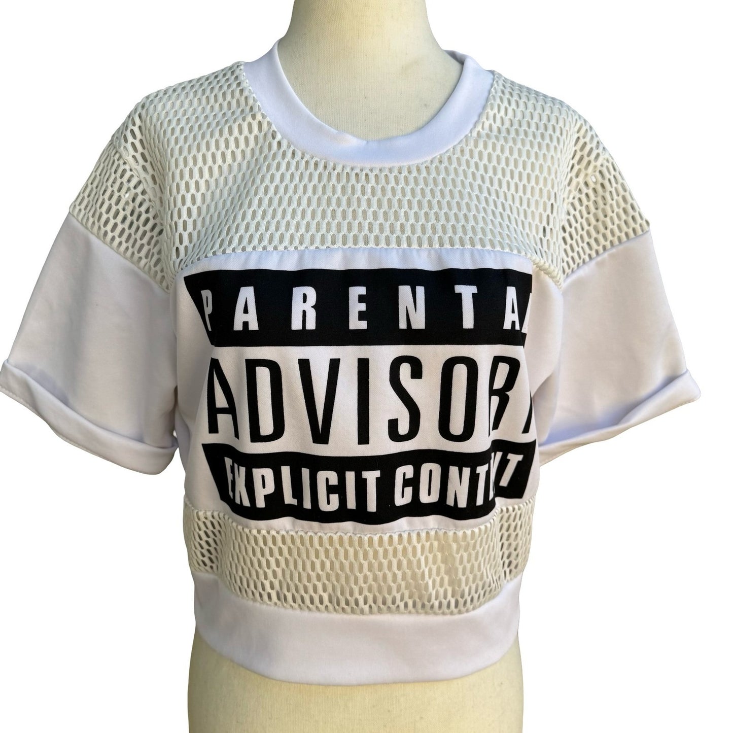 Parental Advisory Explicit Content Y2K Graphic Mesh Crop Top Streetwear Urban M