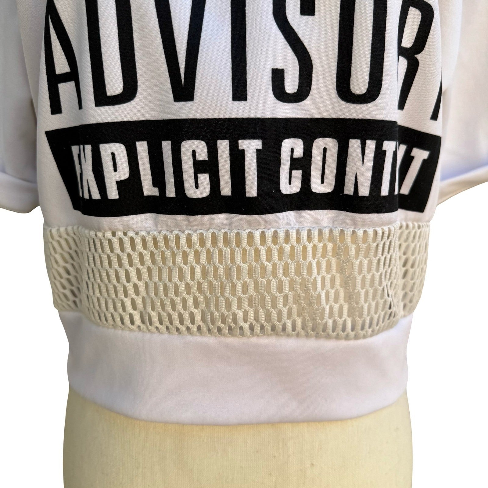 Parental Advisory Explicit Content Y2K Graphic Mesh Crop Top Streetwear Urban M