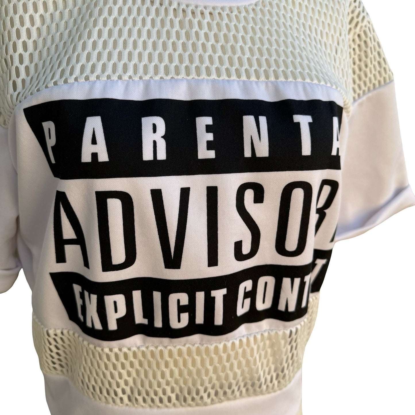 Parental Advisory Explicit Content Y2K Graphic Mesh Crop Top Streetwear Urban M