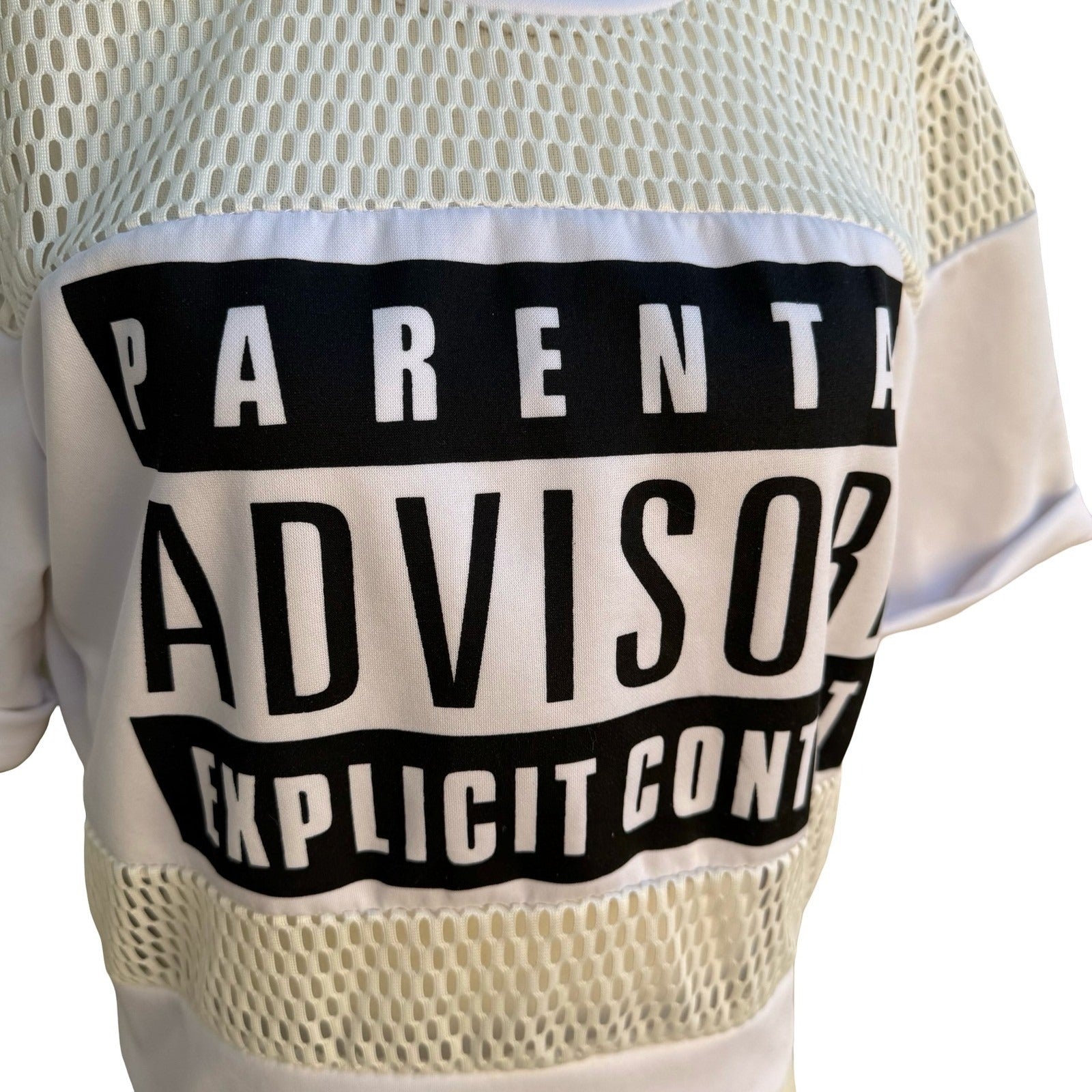 Parental Advisory Explicit Content Y2K Graphic Mesh Crop Top Streetwear Urban M
