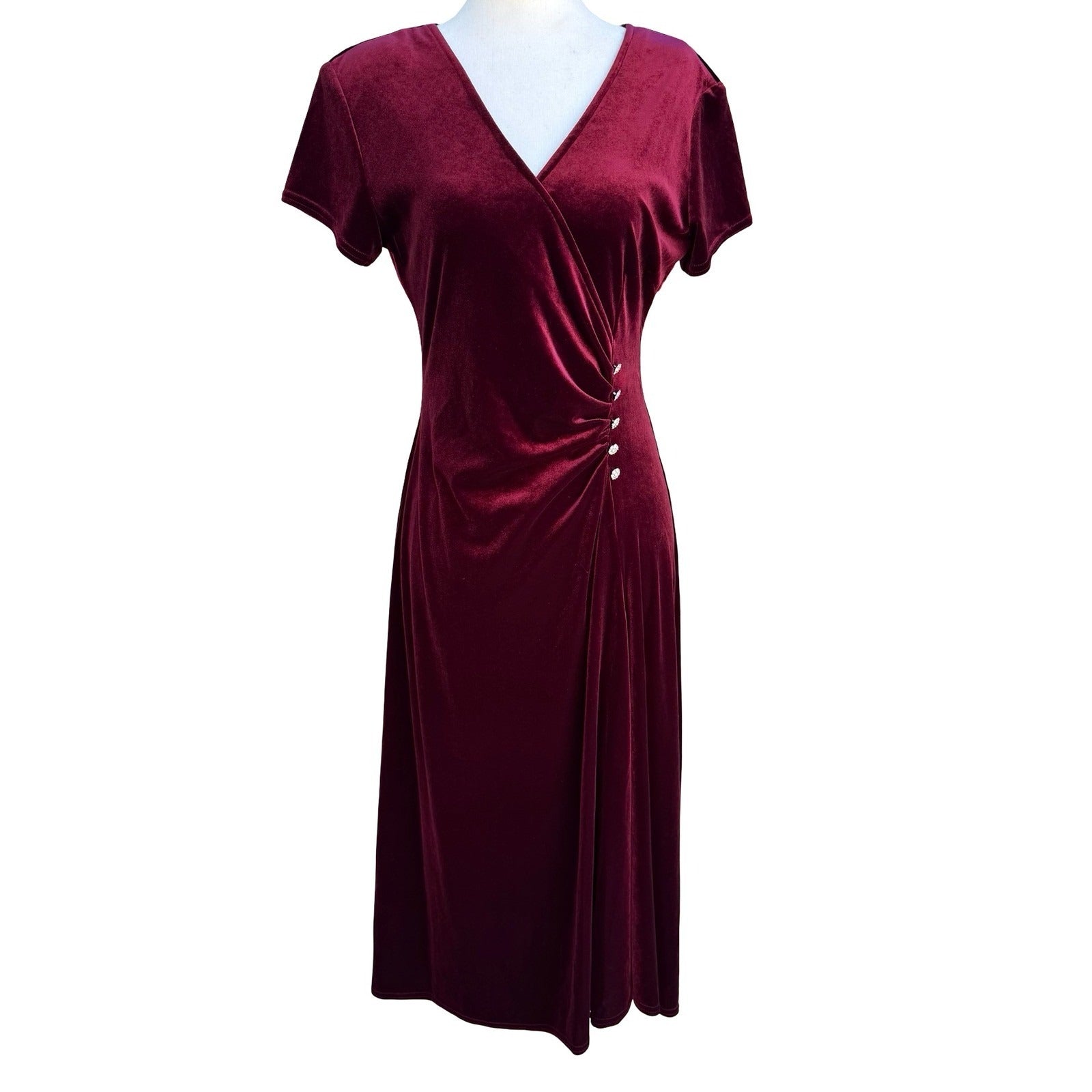 Amanda Lane Vintage Burgundy Velvet Faux Wrap Midi Dress Rhinestone Womens 10