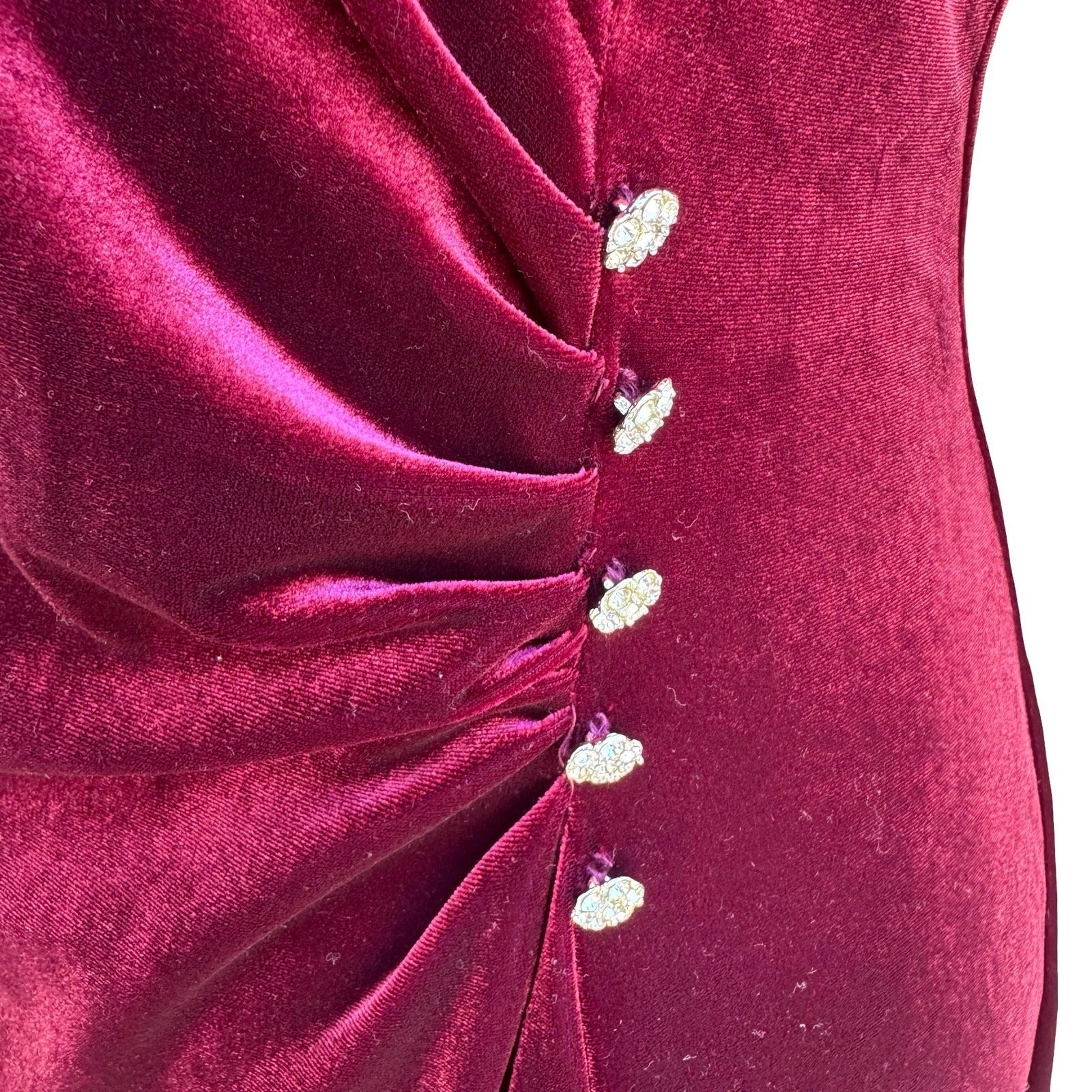 Amanda Lane Vintage Burgundy Velvet Faux Wrap Midi Dress Rhinestone Womens 10