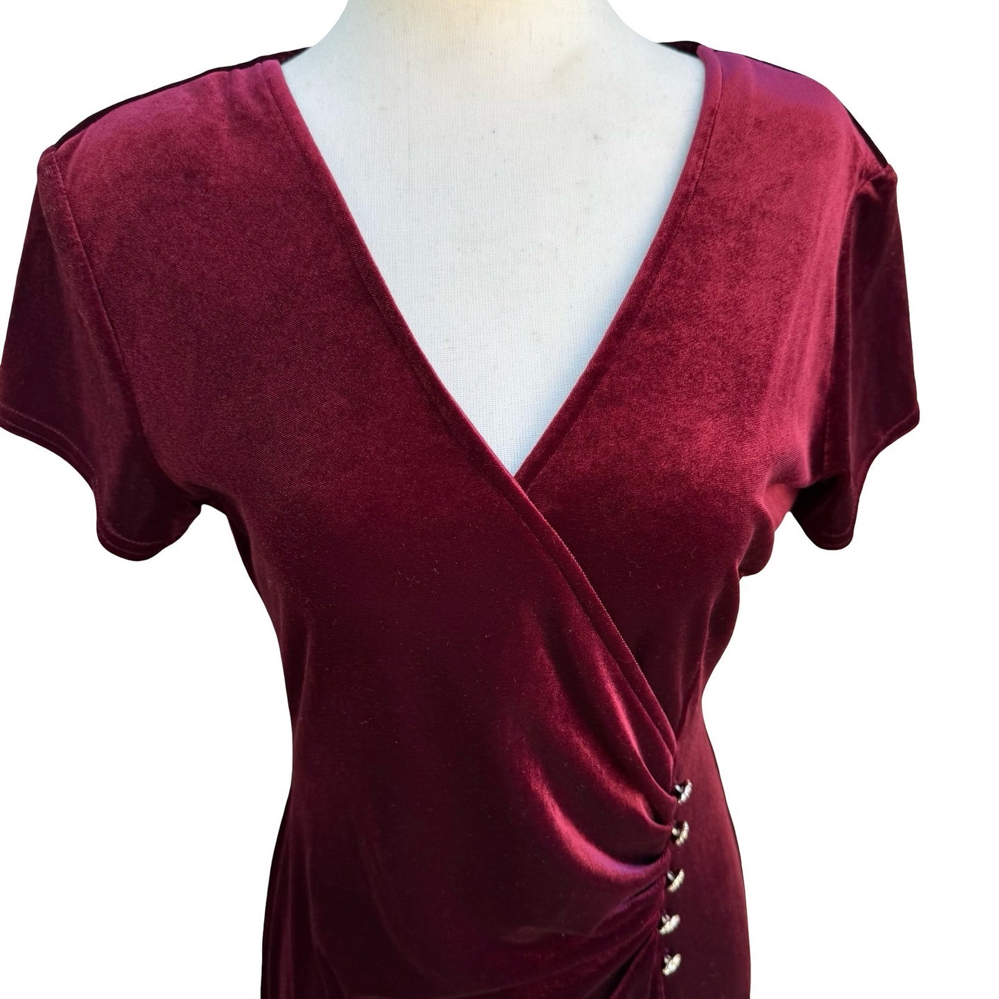 Amanda Lane Vintage Burgundy Velvet Faux Wrap Midi Dress Rhinestone Womens 10